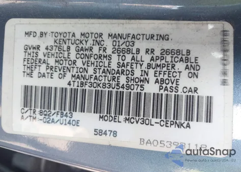 2003 Toyota Camry Le V6 z USA, uszkodzony, nr VIN 4T1BF30K83U549075